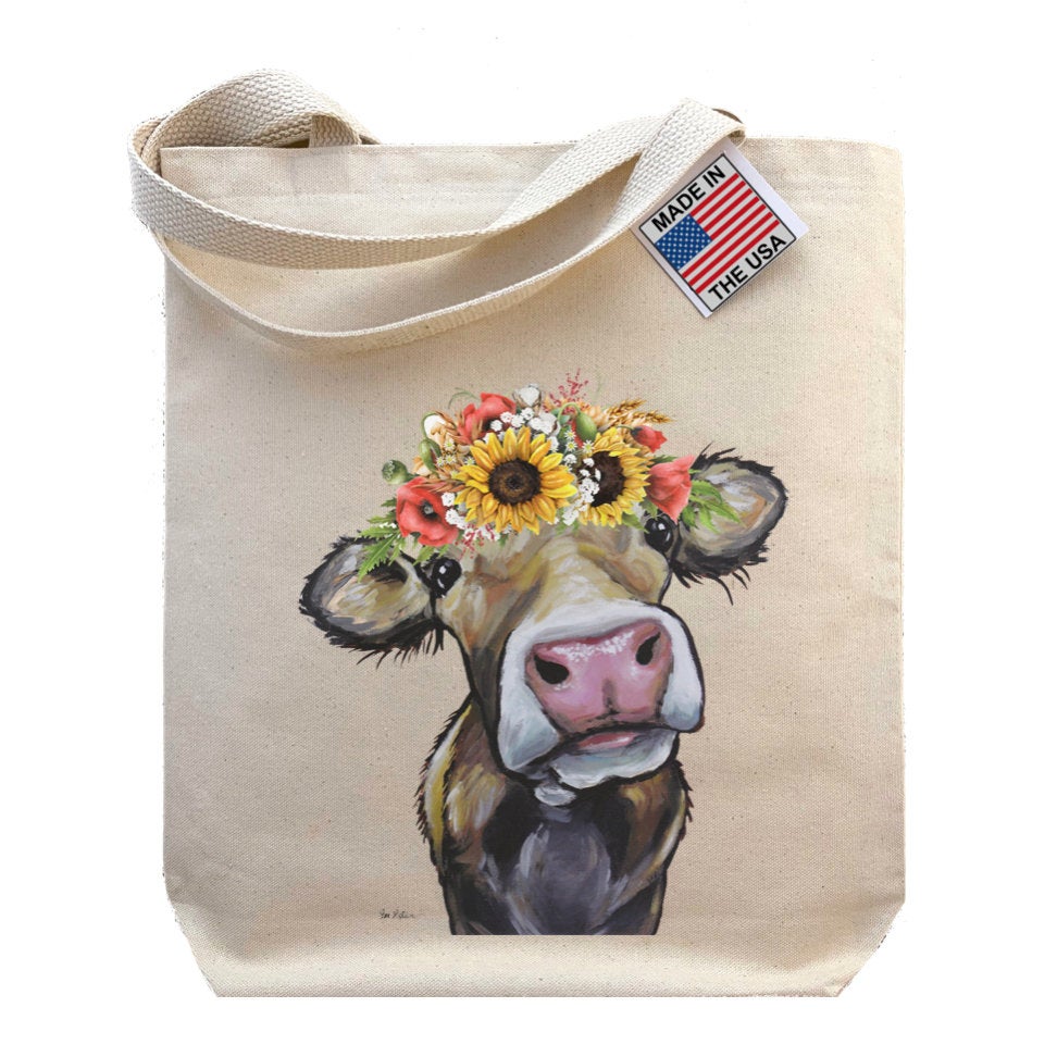Colorful Sunflower Cow Tote Bag, 'Hazel' Fall Sunflower Tote