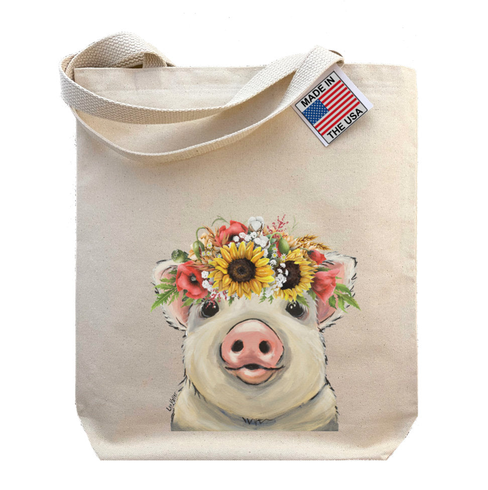 Colorful Sunflower Pig Tote Bag,  'Paisley' Fall Sunflower Pig Gifts