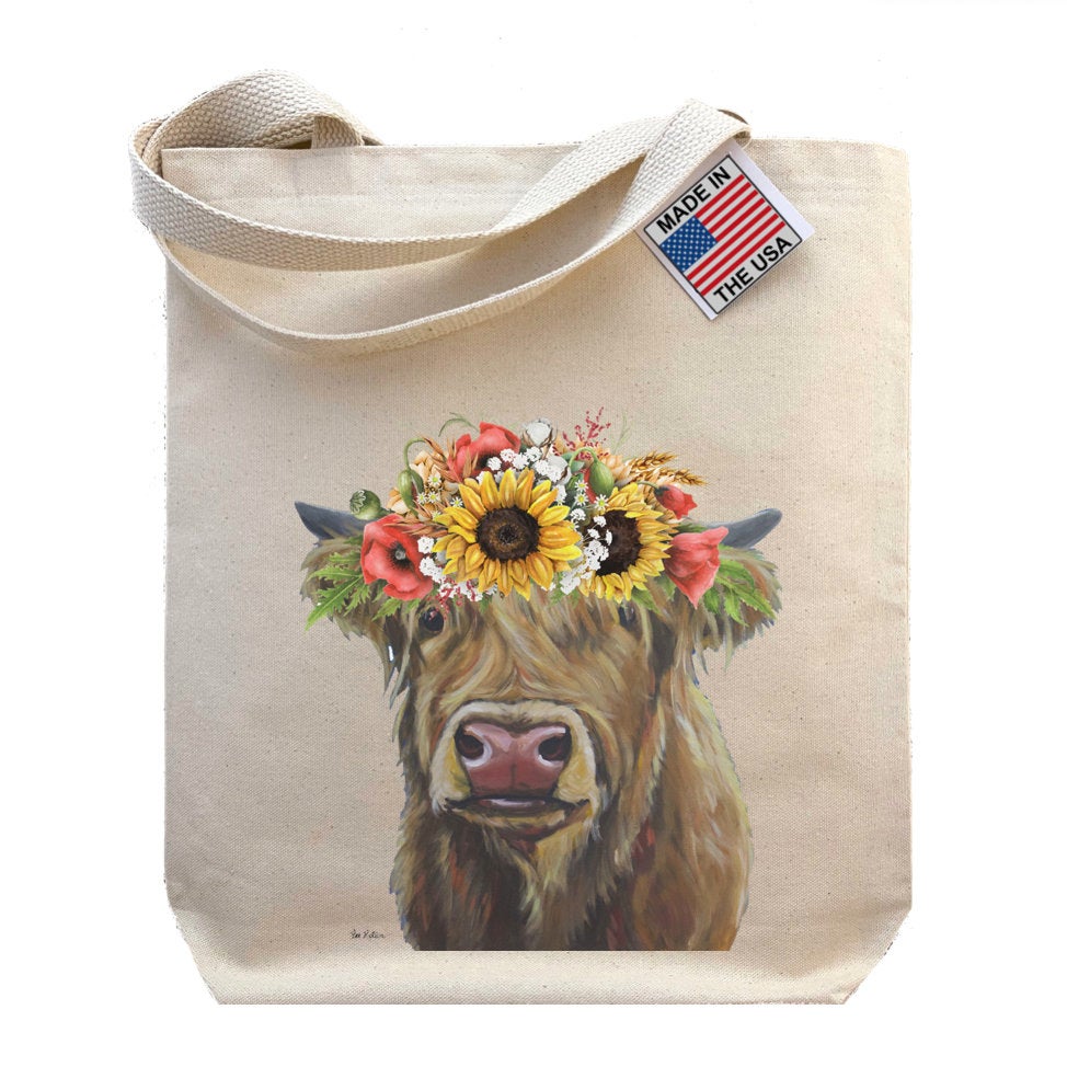Colorful Sunflower Highland Cow Tote Bag,  'Fergus'