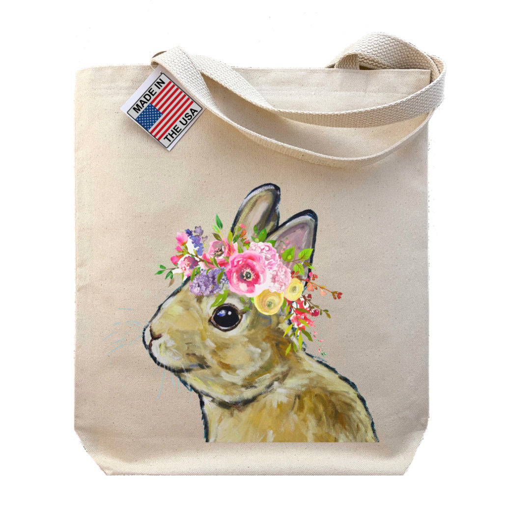 Spring Flowers Brown Bunny Tote Bag, Rabbit Tote Bag