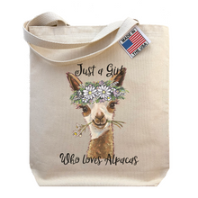 Load image into Gallery viewer, Alpaca Tote Bag,  Alpaca Lover Gift,  Just A Girl Who Loves Alpacas Tote,
