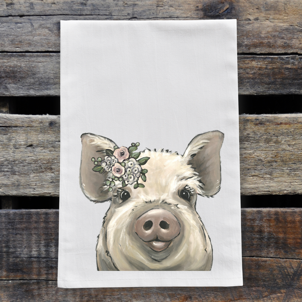 Pig Towel 'Lilly' Boho Flowers, Farmhouse Kitchen Decor