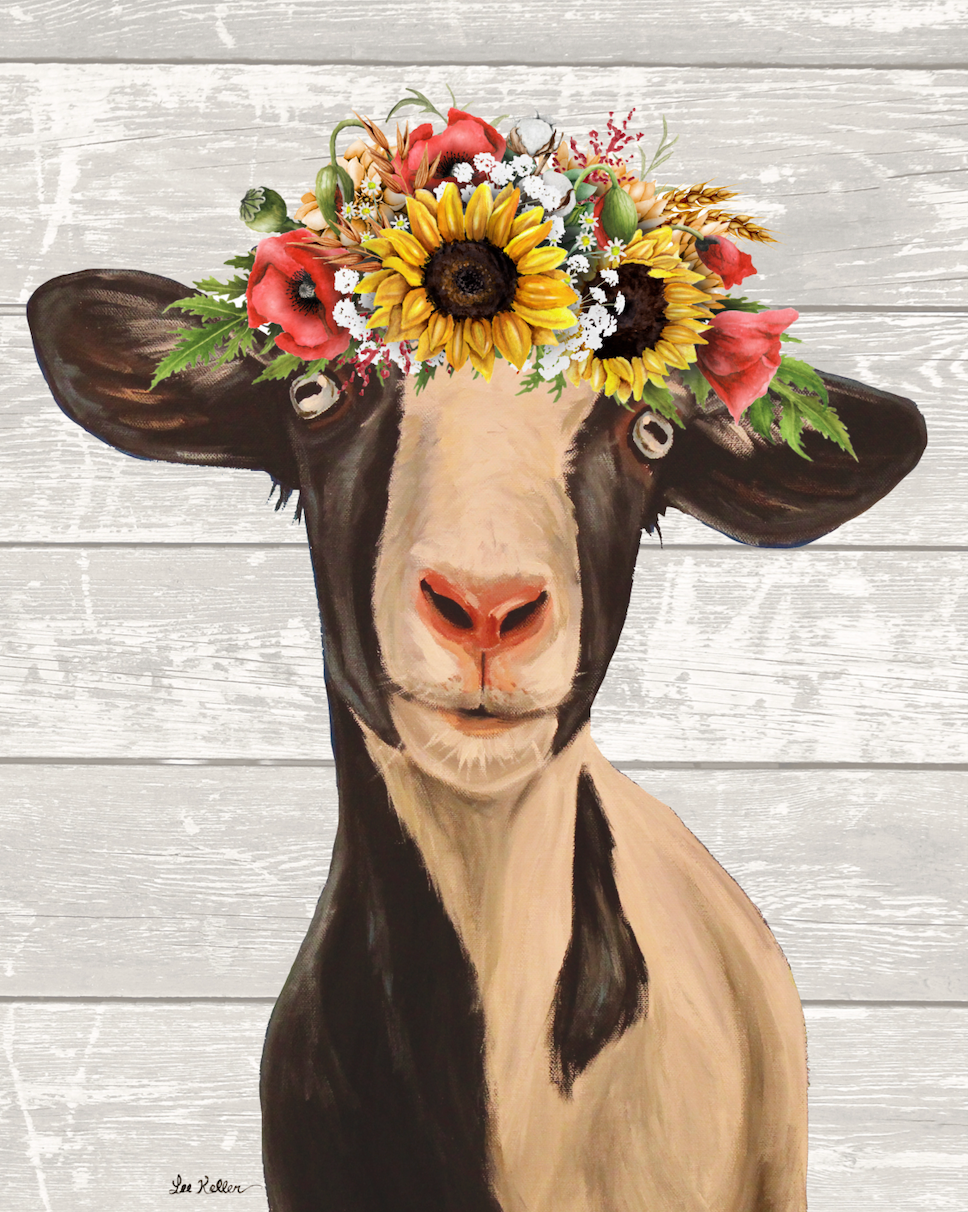 Goat Art, 'Luna' Colorful Sunflower Fall Goat Print