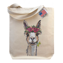 Load image into Gallery viewer, Alpaca Tote Bag, Cute Alpaca on tote bag, &#39;Lycoming&#39; with Flowers
