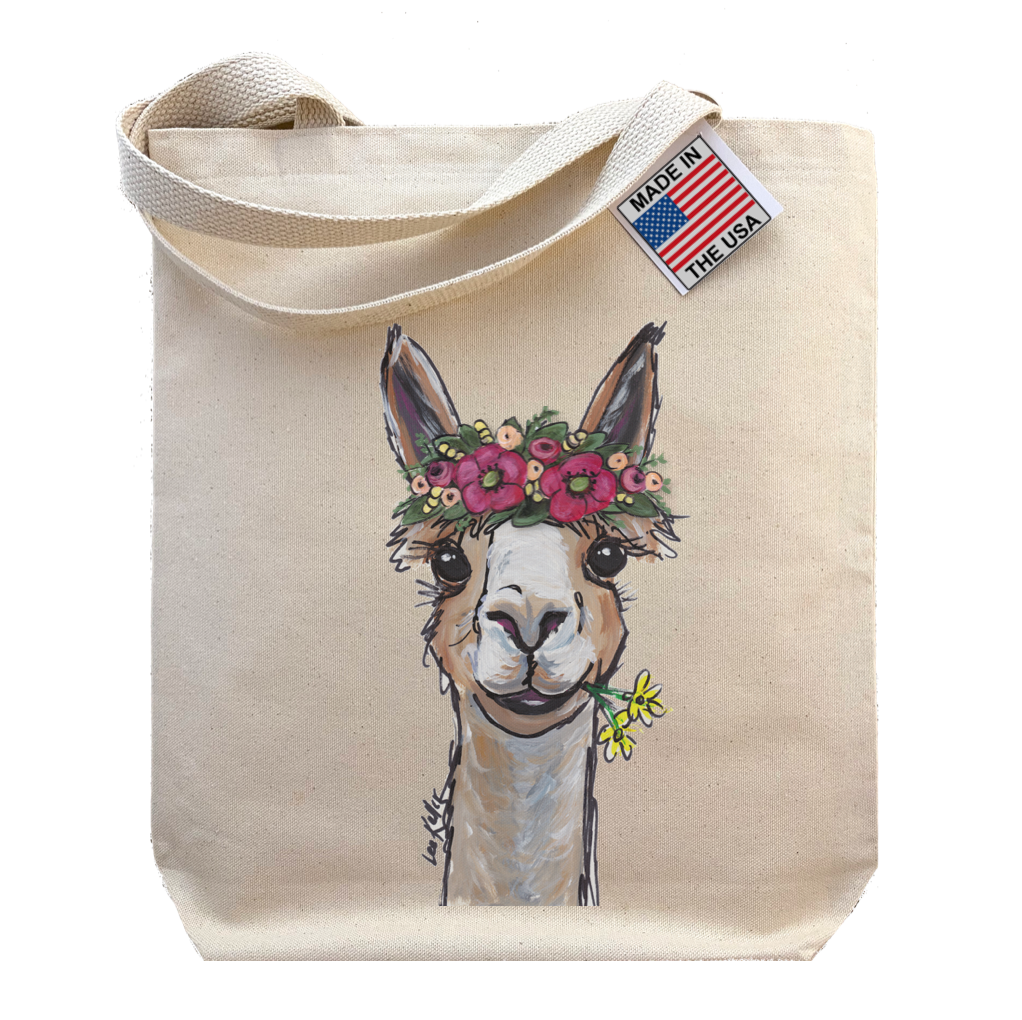 Alpaca Tote Bag, Cute Alpaca on tote bag, 'Lycoming' with Flowers