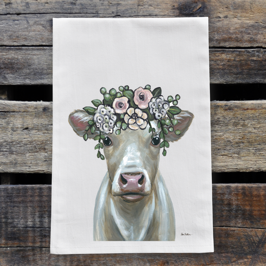 Cow Towel 'Milkshake' Boho Flowers, Farmhouse Kitchen Decor