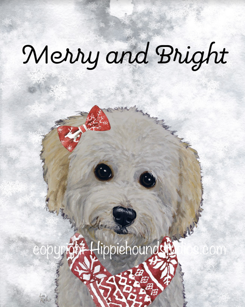 Christmas Dog Art Print, Mini Golden Doodle 'Merry & Bright'