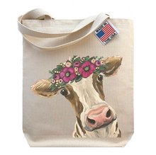 Load image into Gallery viewer, Cow Tote Bag, &#39;Miss Moo Moo&#39; Cow with Flower crown tote
