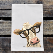 Load image into Gallery viewer, Glasses Cow Towel &#39;Miss Moo Moo&#39;, Farmhouse Kitchen Decor
