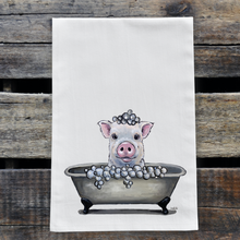 Load image into Gallery viewer, Bathtub Towel, &#39;Delbert&#39; Pig in Tub, Farmhouse Bathroom Decor
