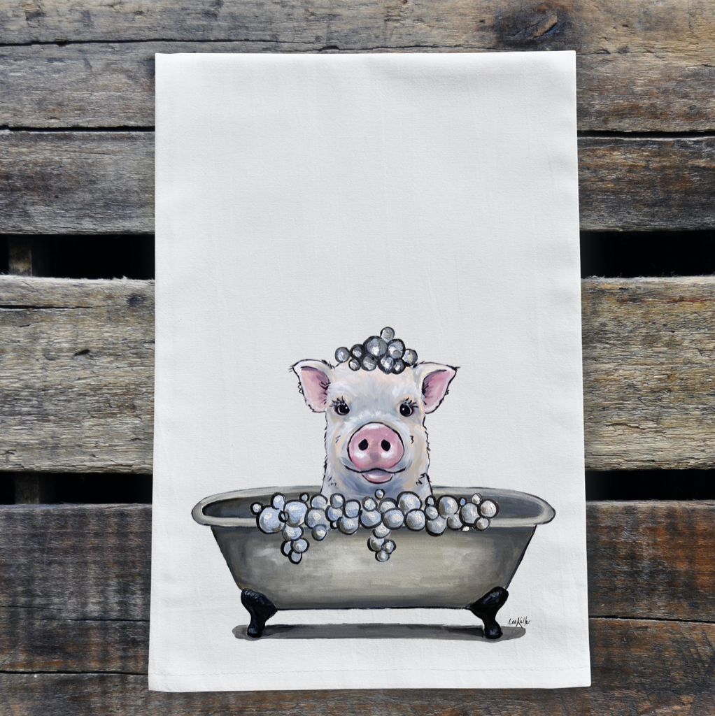 Bathtub Towel, 'Delbert' Pig in Tub, Farmhouse Bathroom Decor