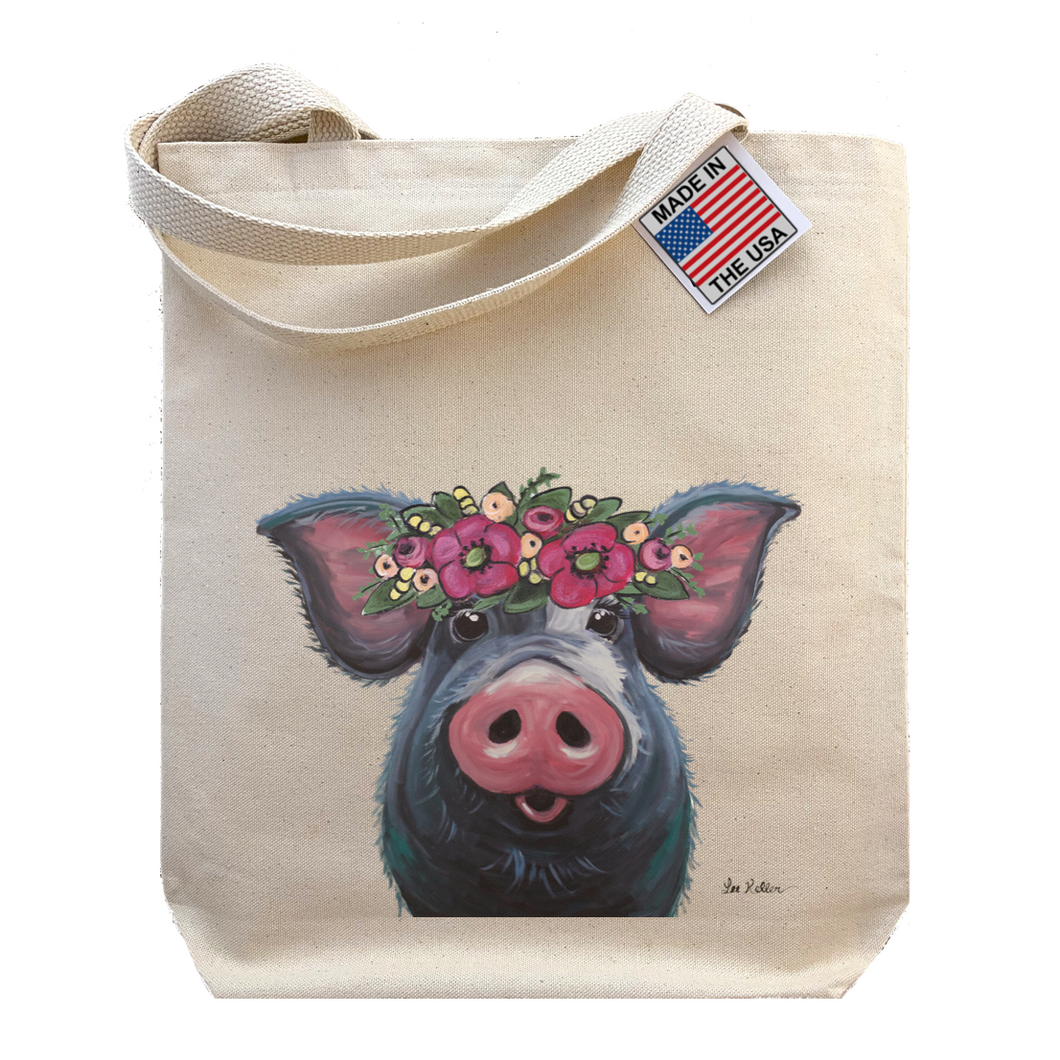Pig Tote Bag, 'Lulu' with flower crown
