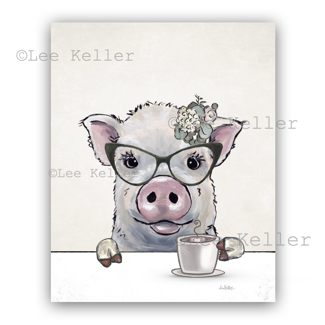 Pig Kitchen Art, Pig with Coffee, Pig Art Print