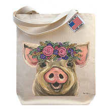 Load image into Gallery viewer, Pig Tote Bag, Posey with Pink/Purple Flower
