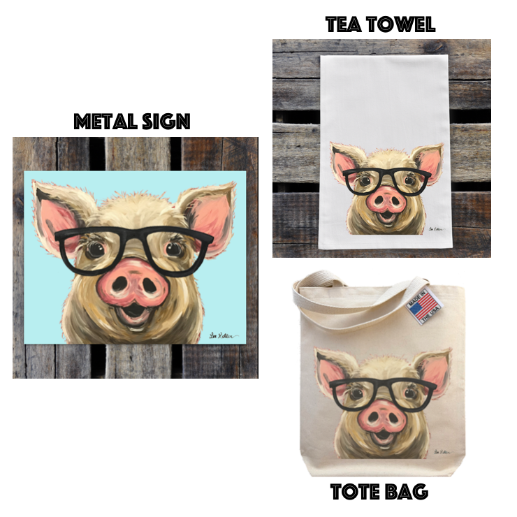 Pig with Glasses Gift Set, Metal Tin Sign/Tote Bag/Tea Towel, Pig Gift Set