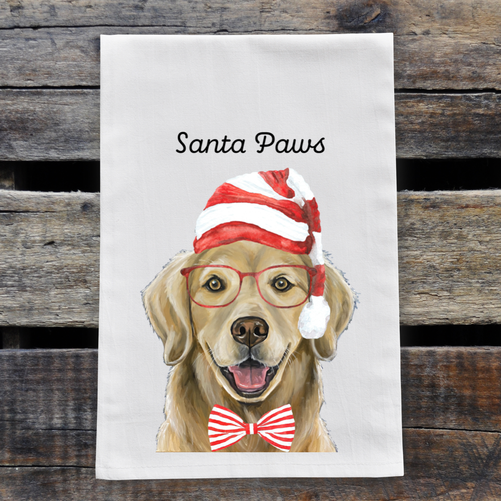 Christmas Dog Towel, 'Santa Paws' Christmas Golden Retriever Towel
