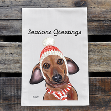 Load image into Gallery viewer, Christmas Dog Towel, &#39;Seasons Greetings&#39; Christmas Dachshund Towel
