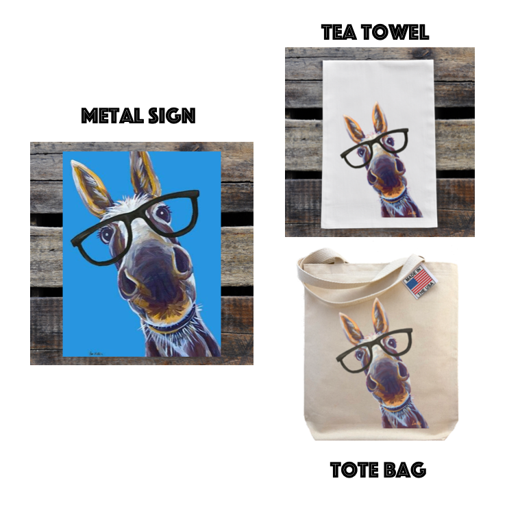 Donkey Gift Set, Metal Tin Sign/Tote Bag/Tea Towel, Donkey with Glasses Gift Set