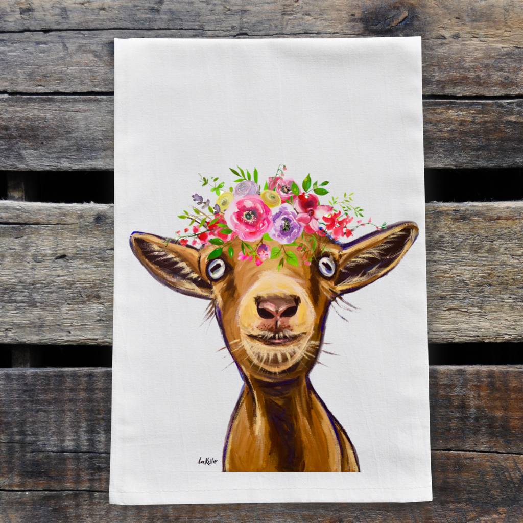 Spring Flowers Goat Towel 'Poundcake', Farmhouse Kitchen Decor