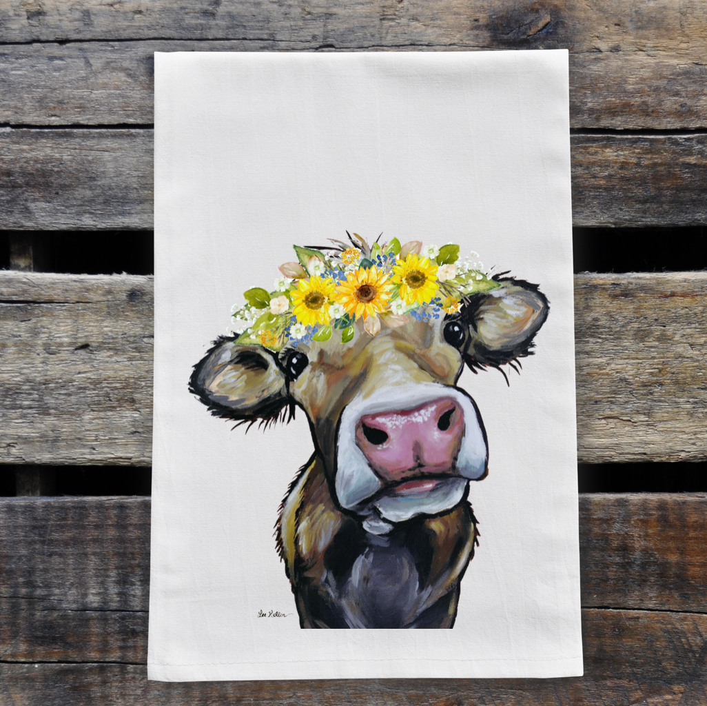 Sunflower Cow Towel 'Hazel', Farmhouse Kitchen Decor