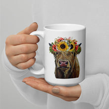 Load image into Gallery viewer, Highland Cow Mug, &#39;Sunflower Fergus&#39; Coffee Mug, 15oz Highland Cow Mug
