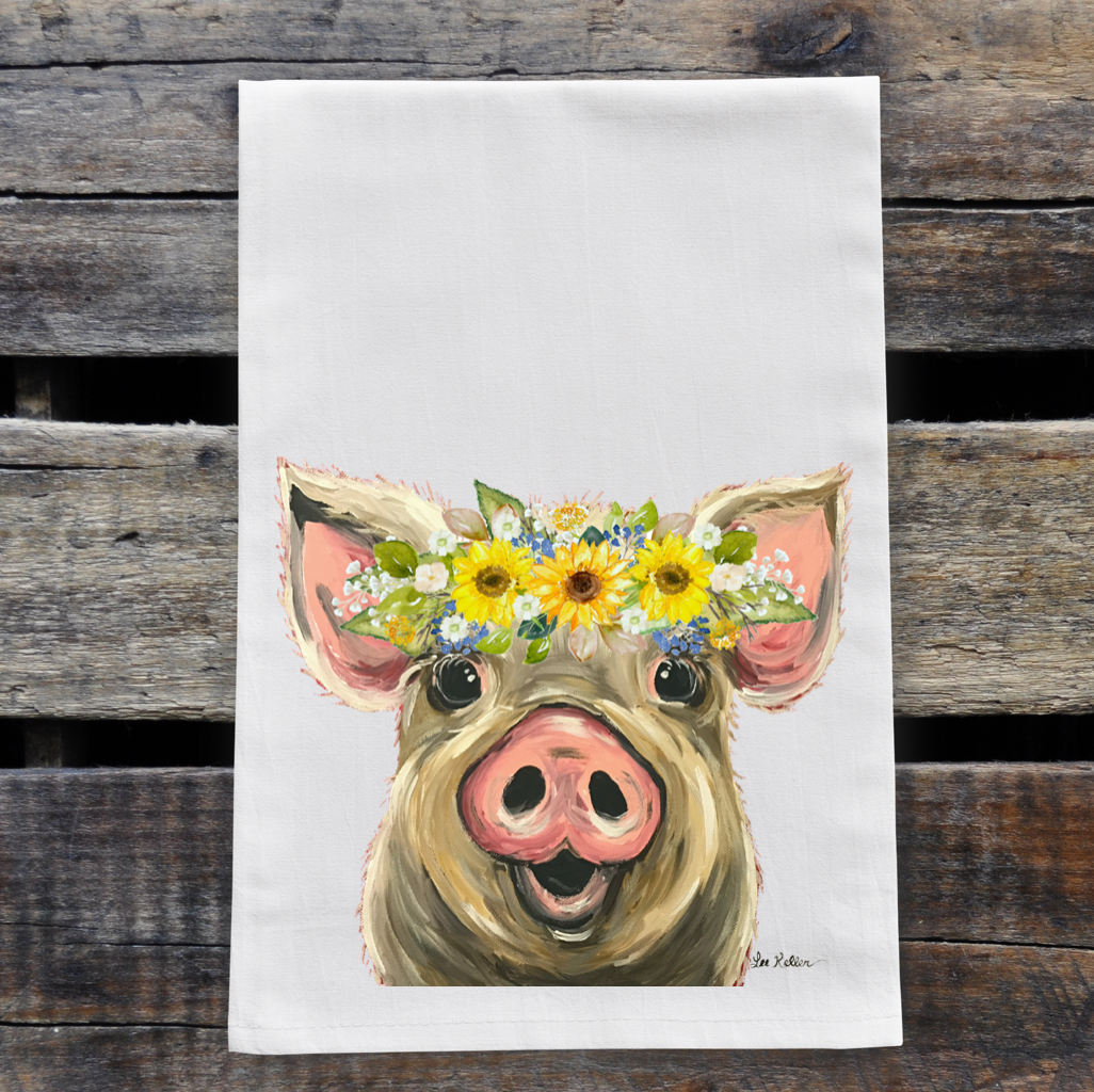 Sunflower Pig Towel 'Posey', Farmhouse Kitchen Decor