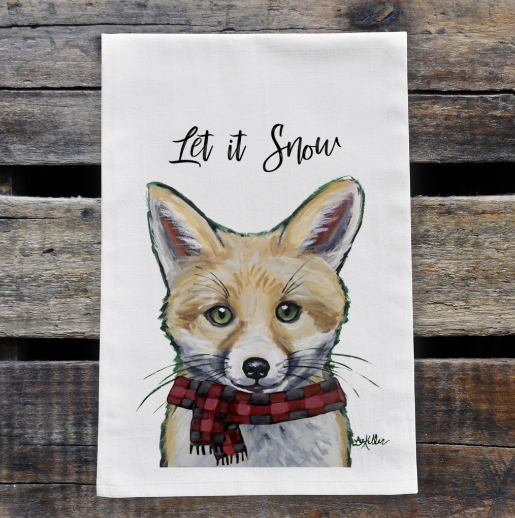 Winter Fox Tea Towel, 'Let it Snow'