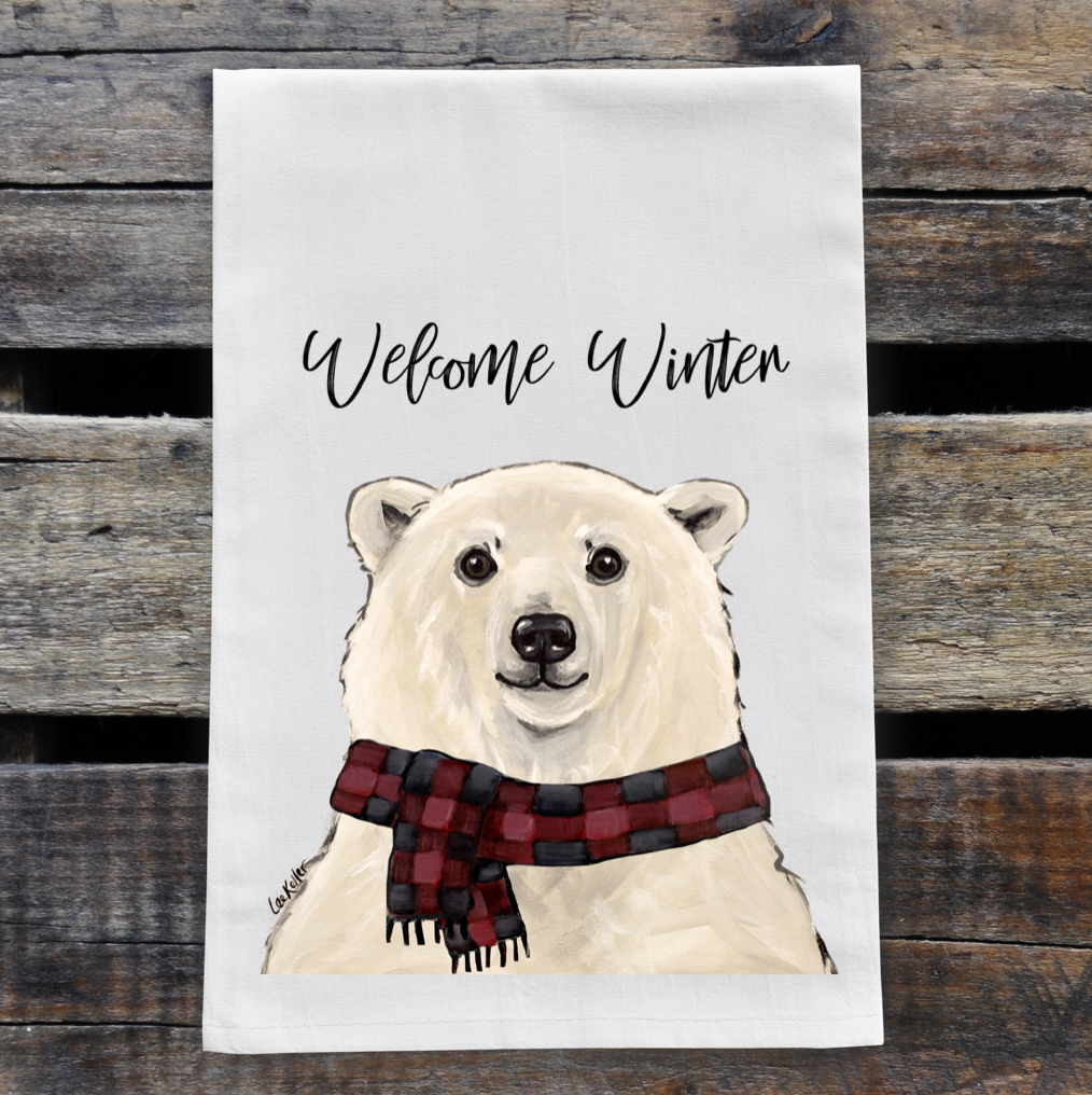 Winter Polar Bear Tea Towel, 'Welcome Winter'