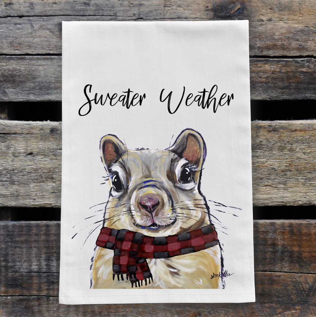 Winter Squirrel Tea Towel, 'Sweater Weather'