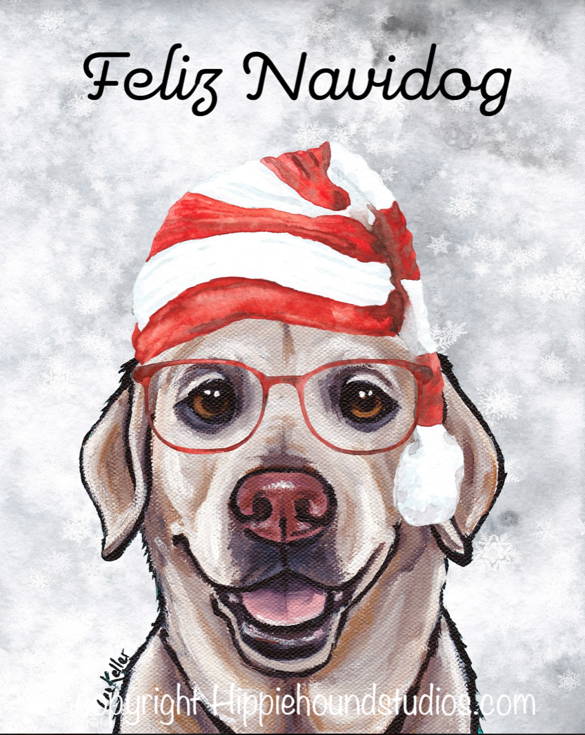 Christmas Dog Art Print, Yellow Lab 'Feliz Navidog'