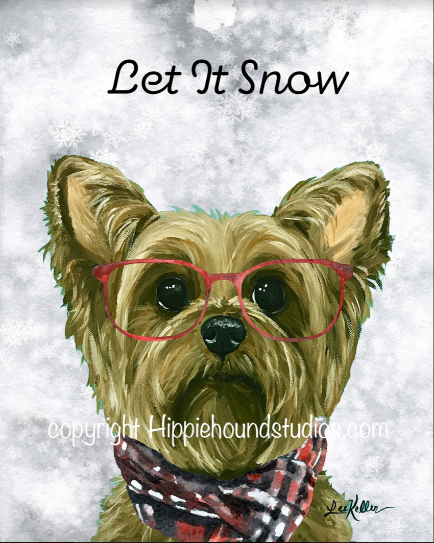 Christmas Dog Art Print, Yorkie 'Let it Snow'